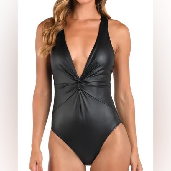 L'AGENCE HADLEY TWIST FRONT X BACK FAUX LEATHER ONE PIECE SWIMSUIT